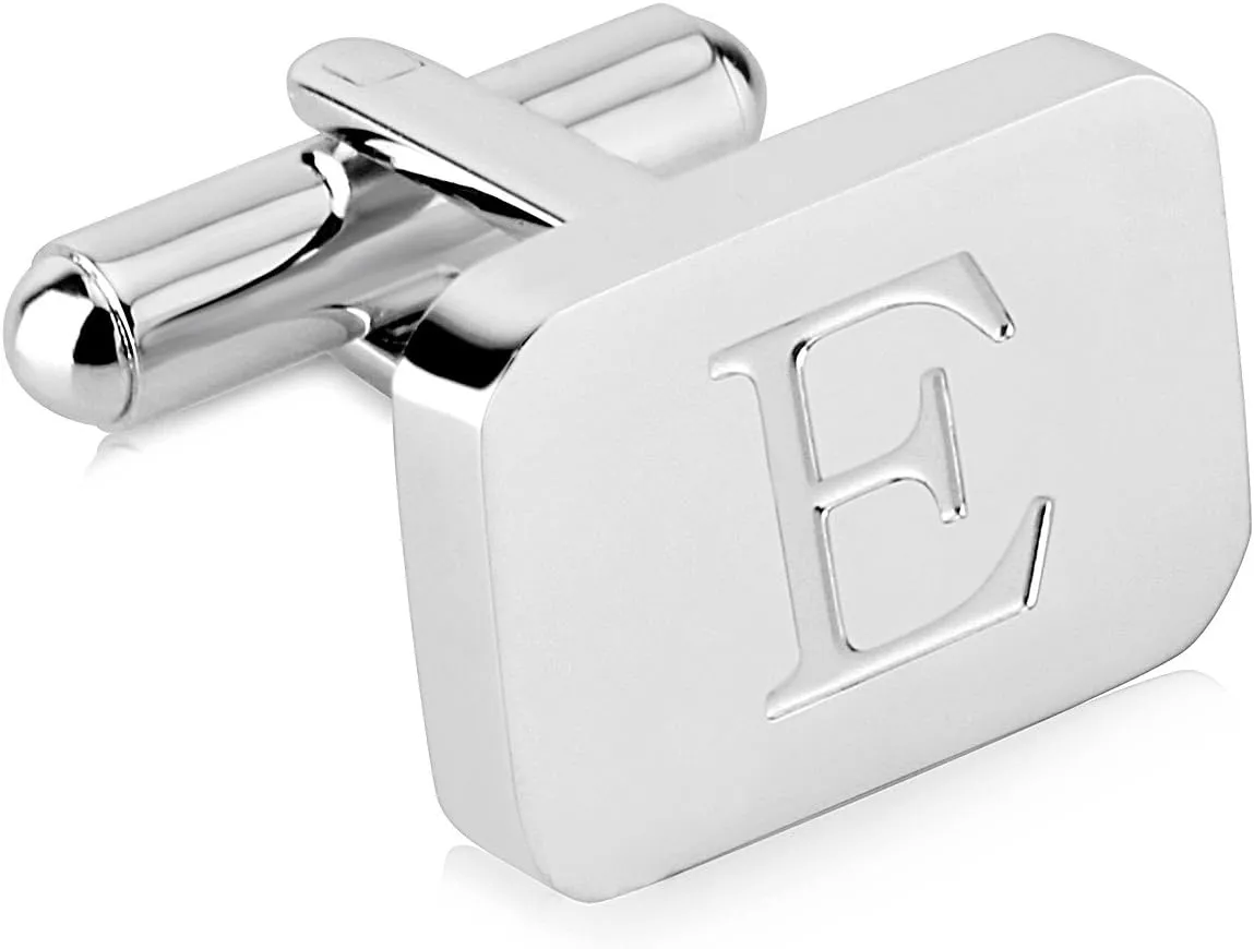 18K White-Gold Plated Initial Engraved Stainless Steel Mens Cufflinks With Gift Box -Personalized Alphabet Letters A-Z By Lux & Pair