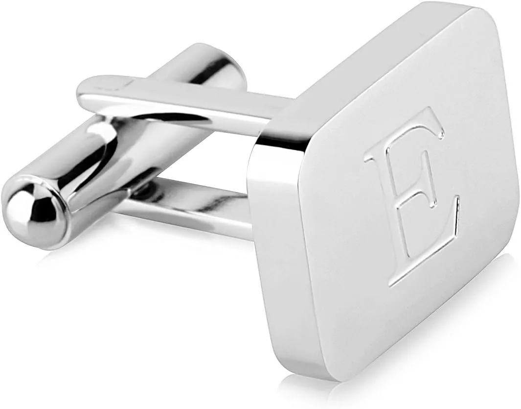 18K White-Gold Plated Initial Engraved Stainless Steel Mens Cufflinks With Gift Box -Personalized Alphabet Letters A-Z By Lux & Pair