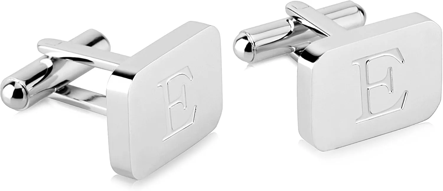 18K White-Gold Plated Initial Engraved Stainless Steel Mens Cufflinks With Gift Box -Personalized Alphabet Letters A-Z By Lux & Pair