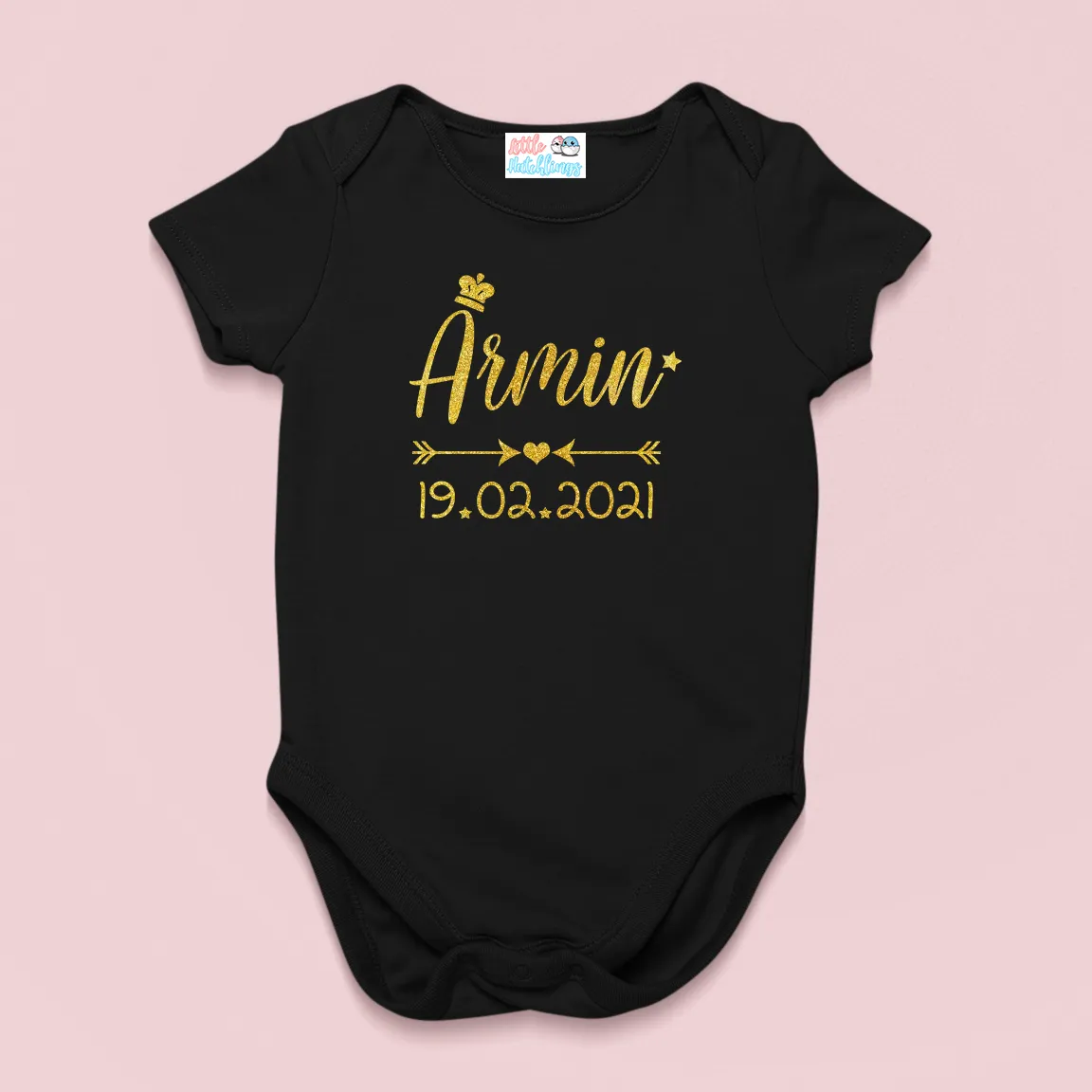 Baby Name With Crown And Date Golden Glitter Black Onesie