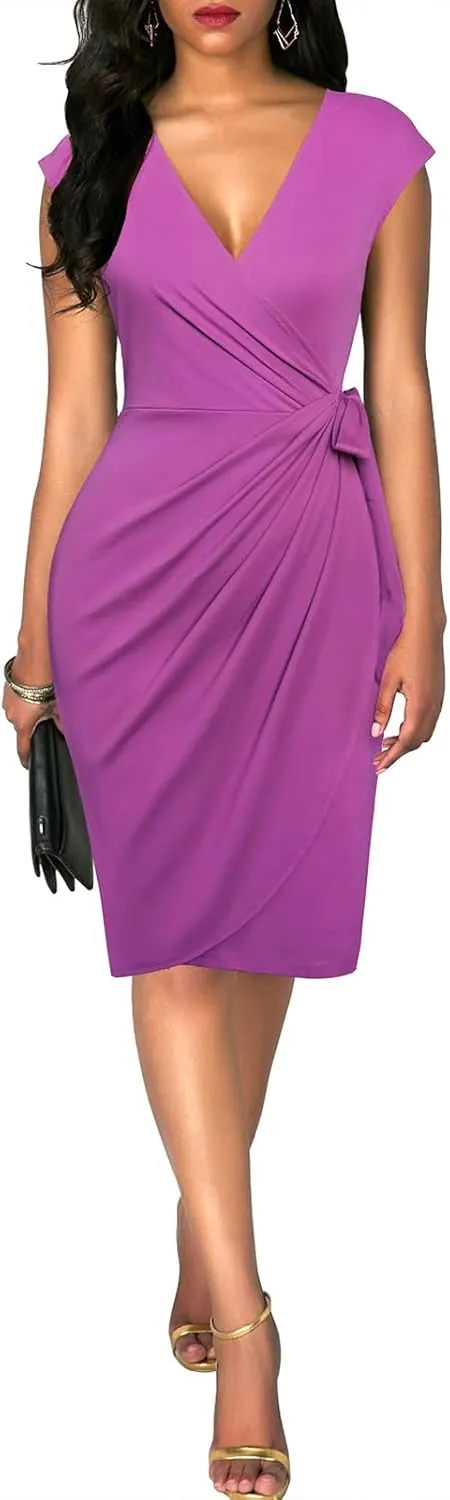 Berydress Women's Vintage V-Neck Sheath Casual Party Work Faux Black Wrap Dress