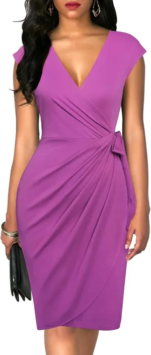 Berydress Women's Vintage V-Neck Sheath Casual Party Work Faux Black Wrap Dress