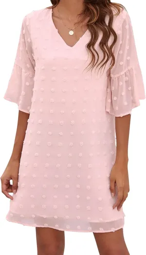 Blooming Jelly Womens White Dresses Short Sleeve V Neck Ruffle Cute Sun Dress Chiffon Flowy Shift Mini Dress