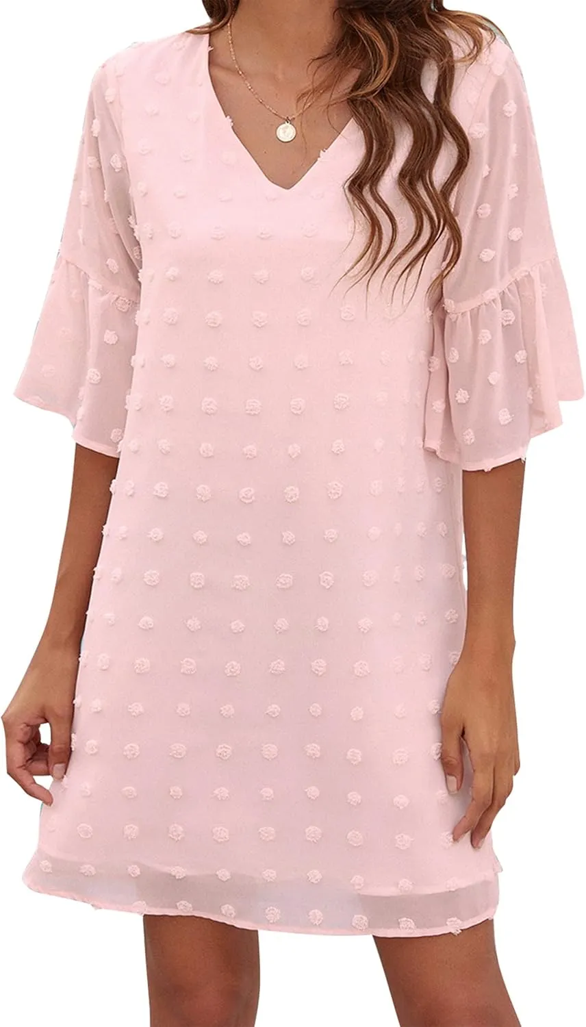 Blooming Jelly Womens White Dresses Short Sleeve V Neck Ruffle Cute Sun Dress Chiffon Flowy Shift Mini Dress