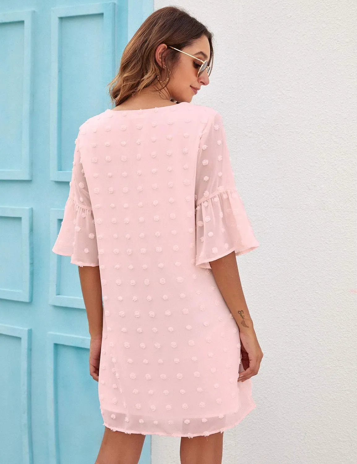 Blooming Jelly Womens White Dresses Short Sleeve V Neck Ruffle Cute Sun Dress Chiffon Flowy Shift Mini Dress