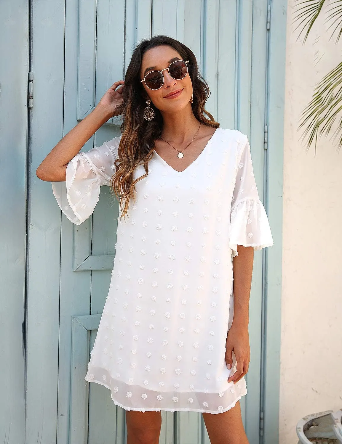 Blooming Jelly Womens White Dresses Short Sleeve V Neck Ruffle Cute Sun Dress Chiffon Flowy Shift Mini Dress
