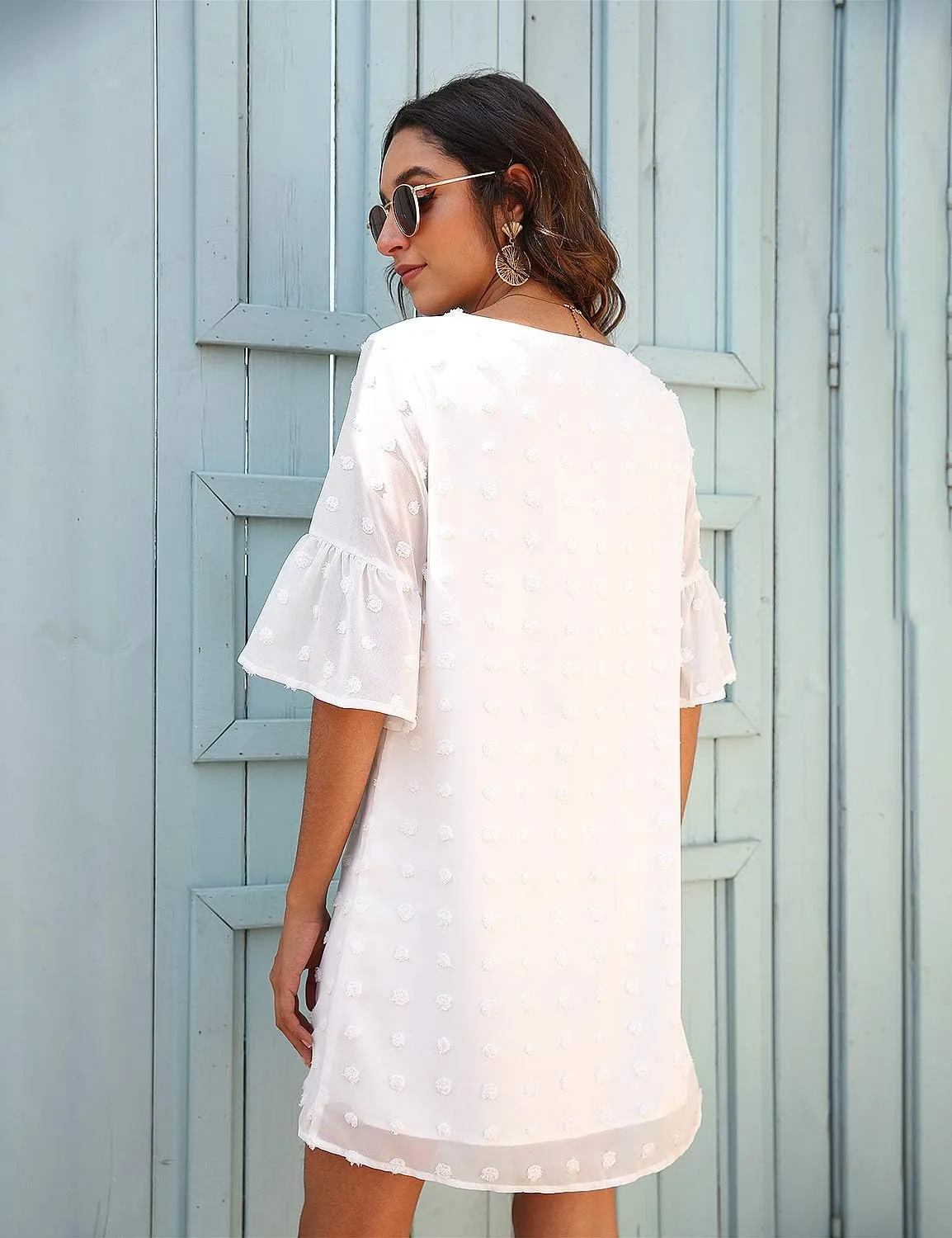 Blooming Jelly Womens White Dresses Short Sleeve V Neck Ruffle Cute Sun Dress Chiffon Flowy Shift Mini Dress