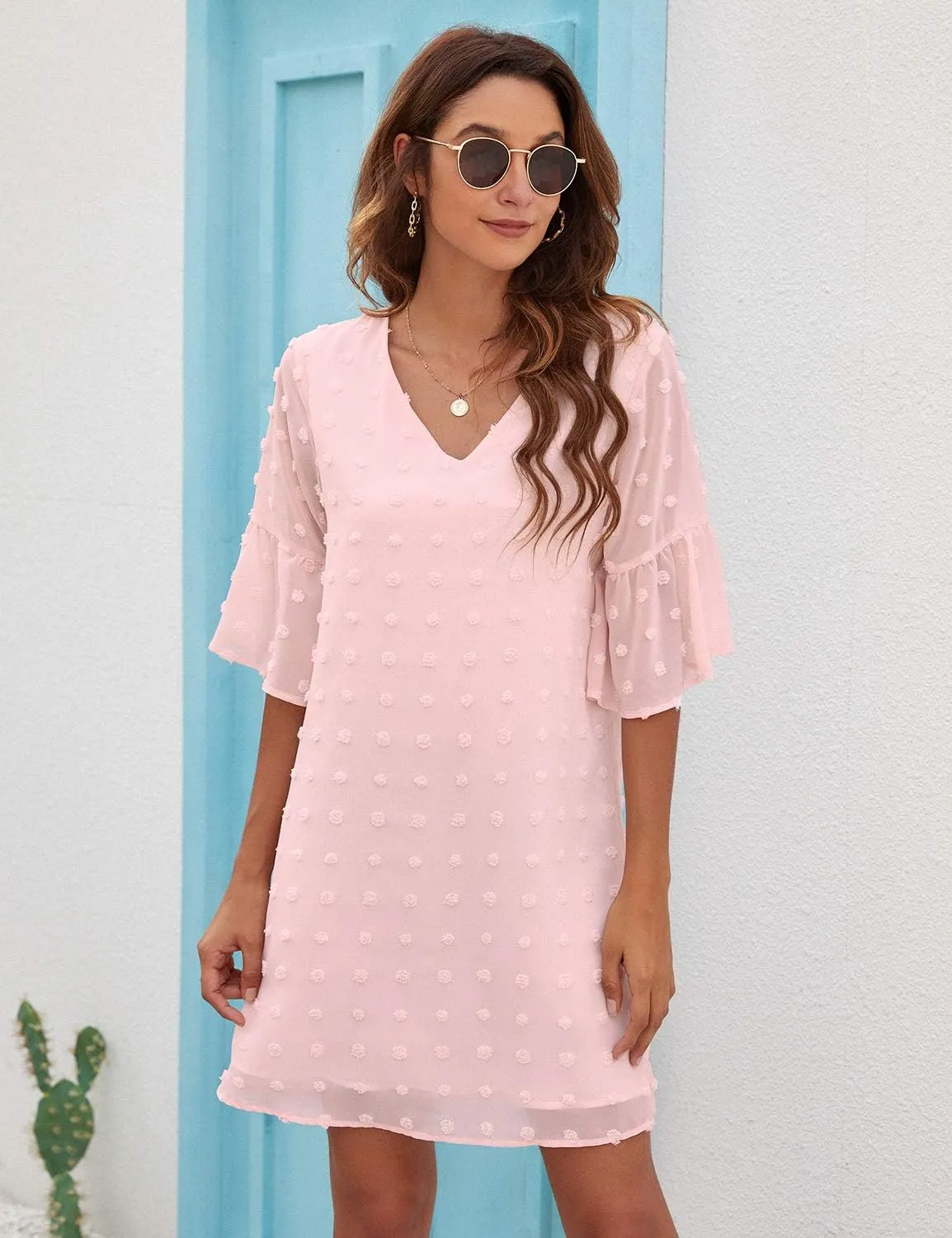 Blooming Jelly Womens White Dresses Short Sleeve V Neck Ruffle Cute Sun Dress Chiffon Flowy Shift Mini Dress
