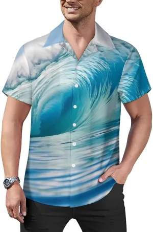 Blue Ocean Wave Print Cuban Collar Shirt Classic Design for Comfort and Style