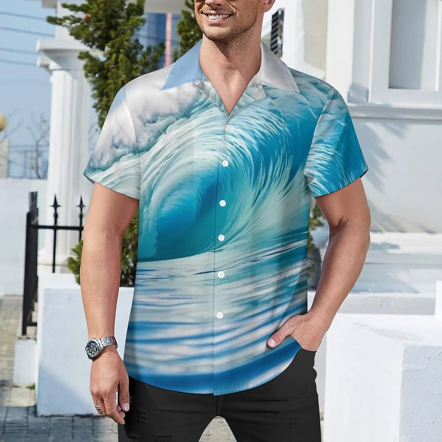 Blue Ocean Wave Print Cuban Collar Shirt Classic Design for Comfort and Style
