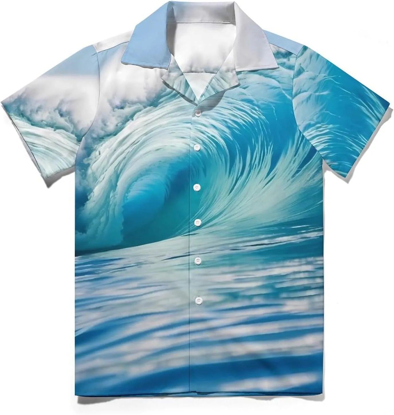 Blue Ocean Wave Print Cuban Collar Shirt Classic Design for Comfort and Style