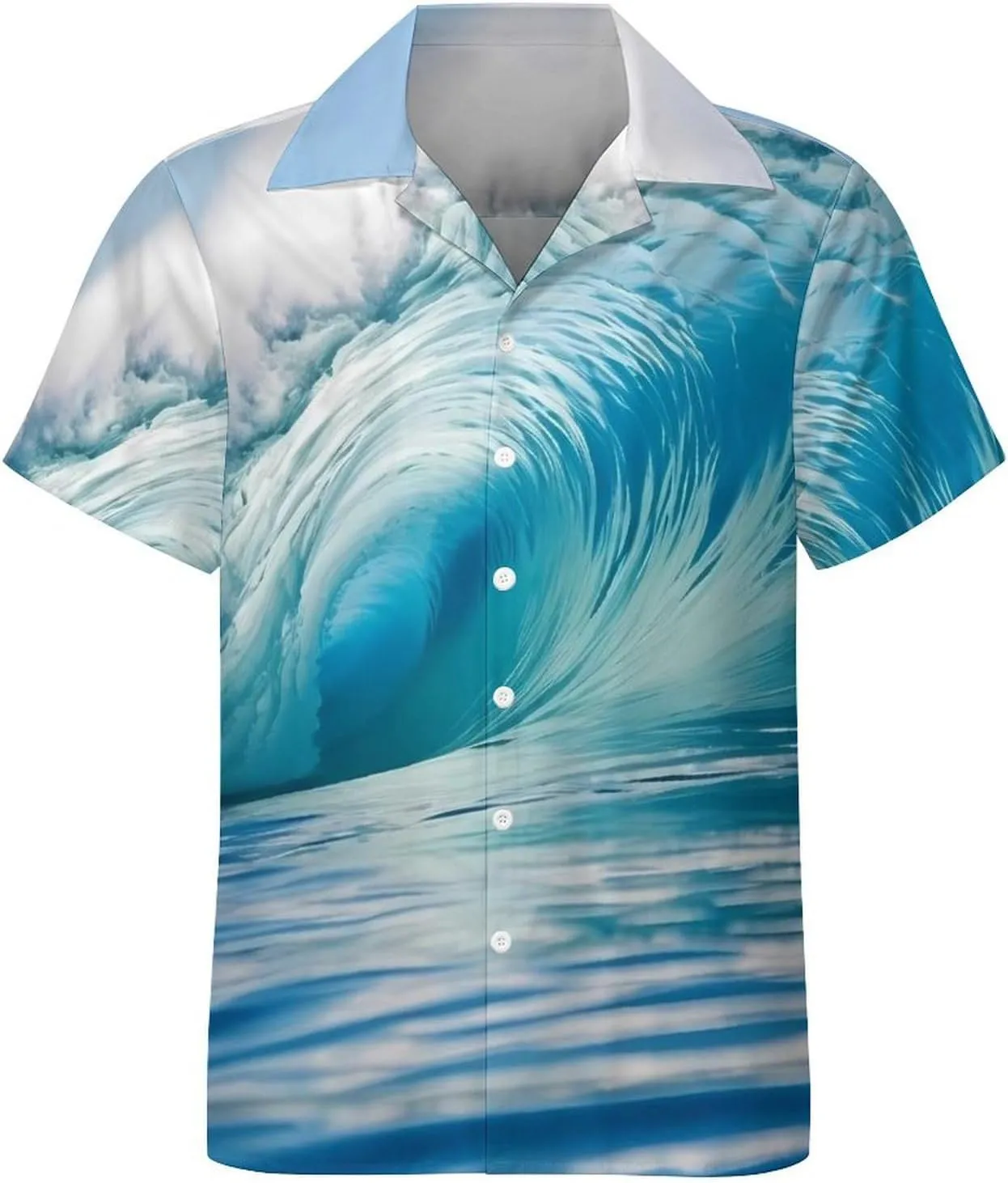 Blue Ocean Wave Print Cuban Collar Shirt Classic Design for Comfort and Style