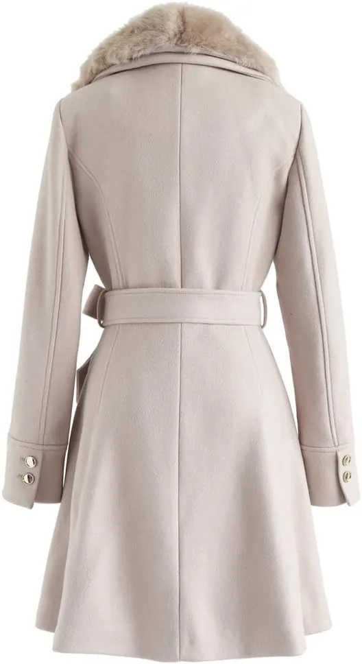 CHICWISH Women's Taupe/Nude Pink/Black Faux Fur Wide Lapel Turn Down Shawl Collar Belted Flare Wool Blend Coat