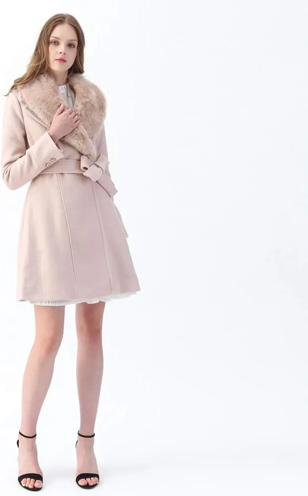 CHICWISH Women's Taupe/Nude Pink/Black Faux Fur Wide Lapel Turn Down Shawl Collar Belted Flare Wool Blend Coat