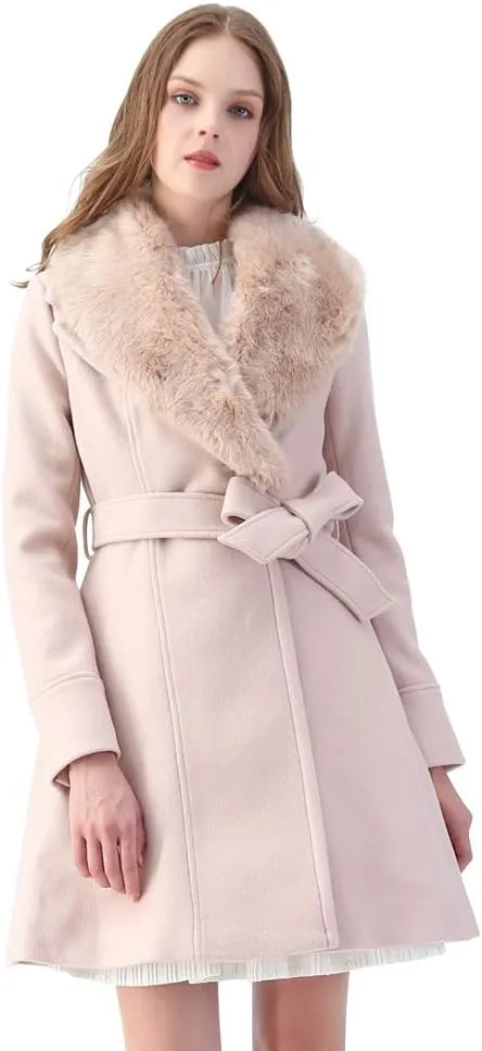CHICWISH Women's Taupe/Nude Pink/Black Faux Fur Wide Lapel Turn Down Shawl Collar Belted Flare Wool Blend Coat