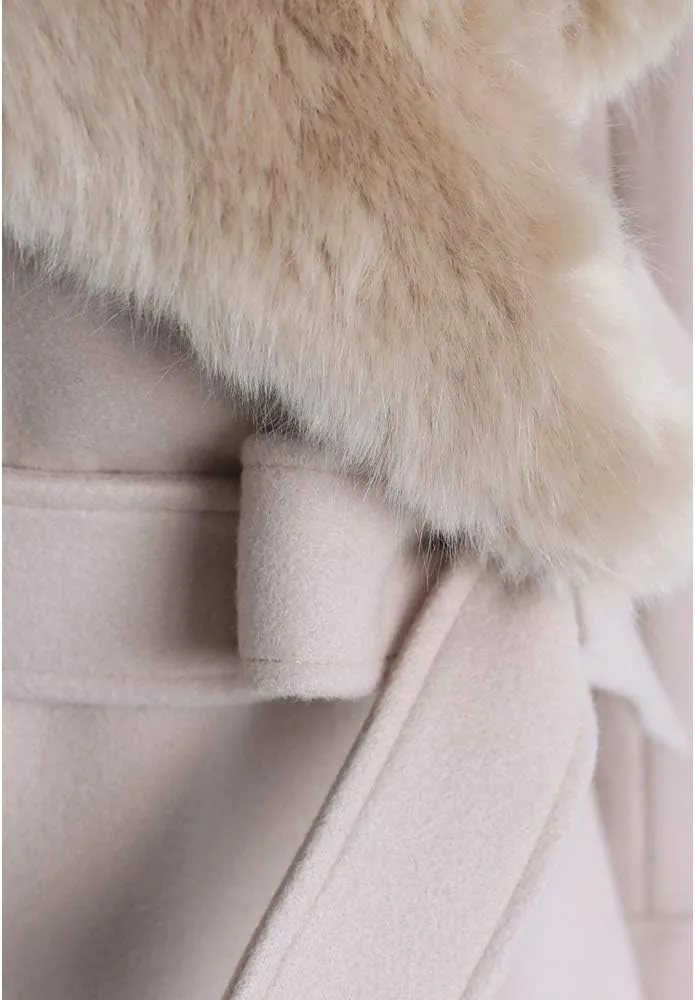 CHICWISH Women's Taupe/Nude Pink/Black Faux Fur Wide Lapel Turn Down Shawl Collar Belted Flare Wool Blend Coat