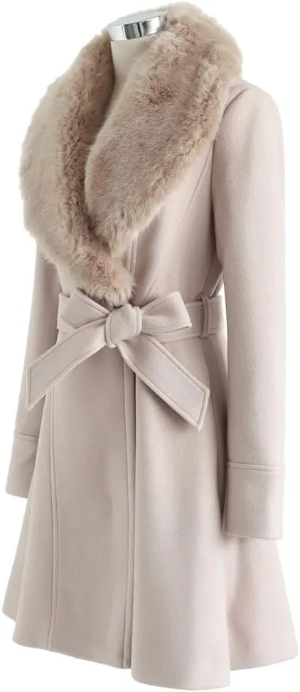 CHICWISH Women's Taupe/Nude Pink/Black Faux Fur Wide Lapel Turn Down Shawl Collar Belted Flare Wool Blend Coat