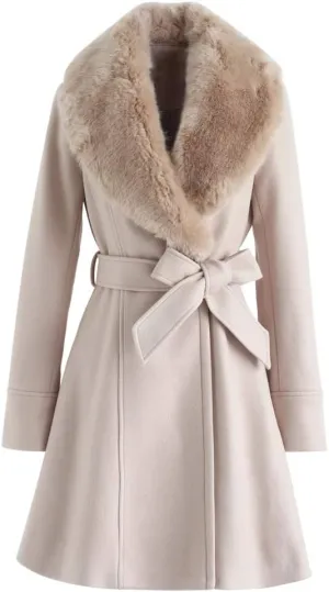 CHICWISH Women's Taupe/Nude Pink/Black Faux Fur Wide Lapel Turn Down Shawl Collar Belted Flare Wool Blend Coat