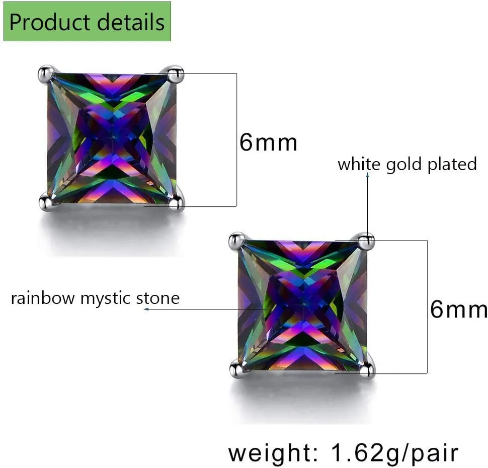 Created Rainbow Quartz Stud Earrings for Women Men 18K White Gold Plated Round/Square CZ Earrings Hypoallergenic Jewelry Gift