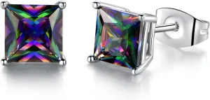 Created Rainbow Quartz Stud Earrings for Women Men 18K White Gold Plated Round/Square CZ Earrings Hypoallergenic Jewelry Gift