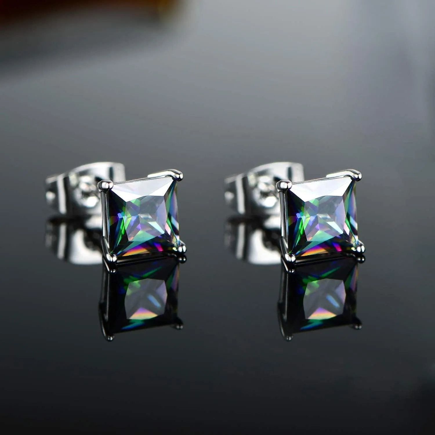 Created Rainbow Quartz Stud Earrings for Women Men 18K White Gold Plated Round/Square CZ Earrings Hypoallergenic Jewelry Gift