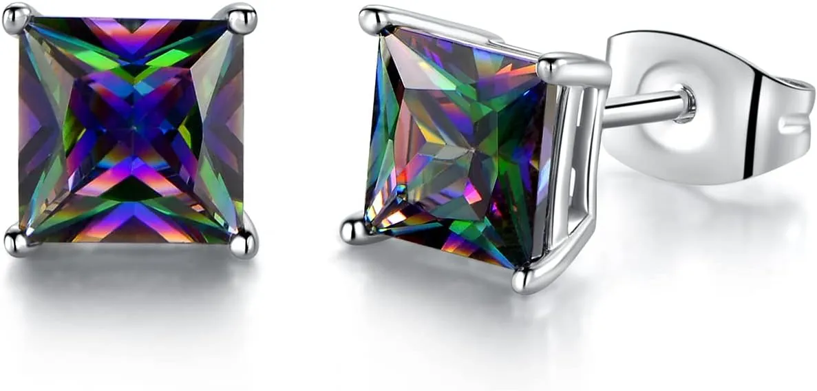 Created Rainbow Quartz Stud Earrings for Women Men 18K White Gold Plated Round/Square CZ Earrings Hypoallergenic Jewelry Gift