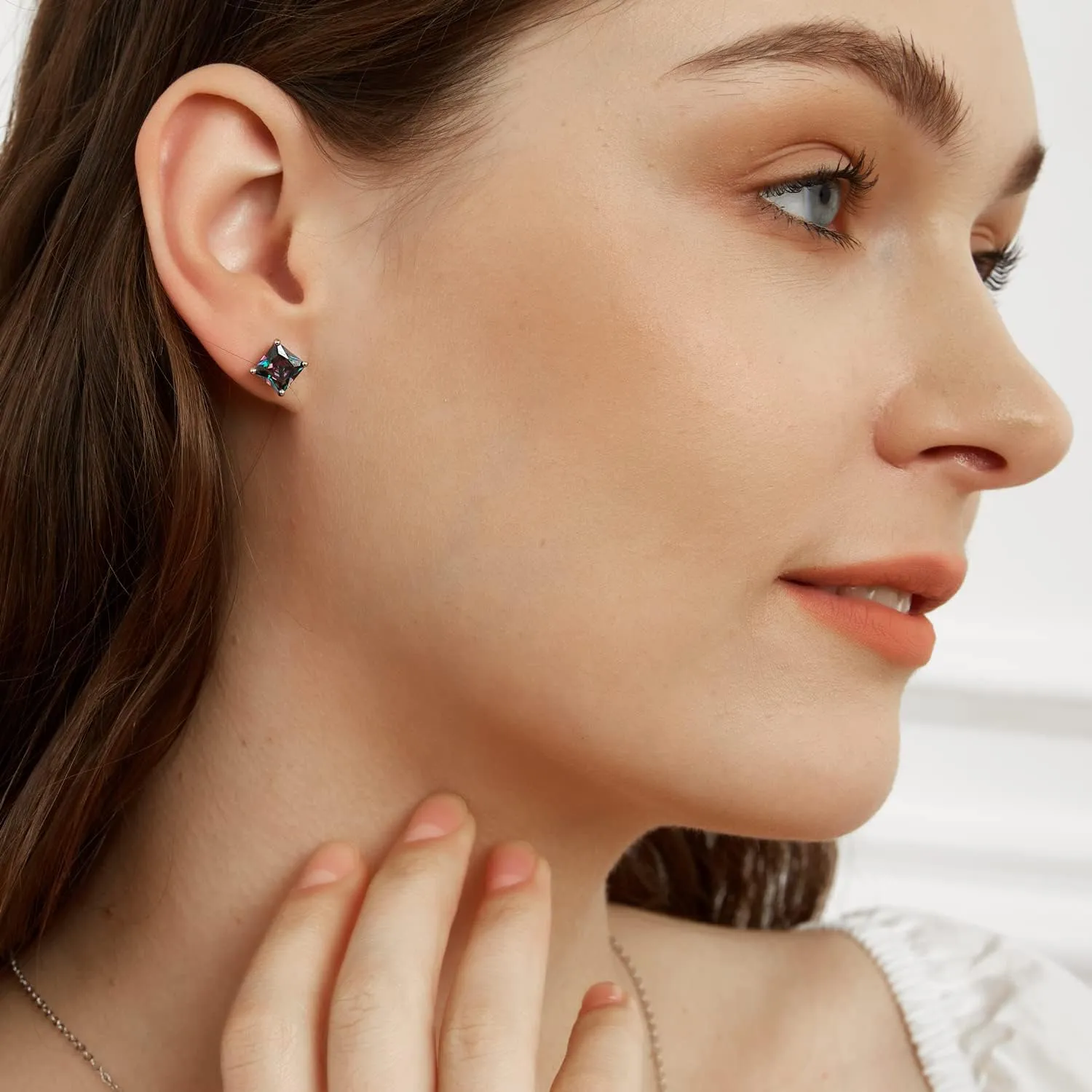 Created Rainbow Quartz Stud Earrings for Women Men 18K White Gold Plated Round/Square CZ Earrings Hypoallergenic Jewelry Gift