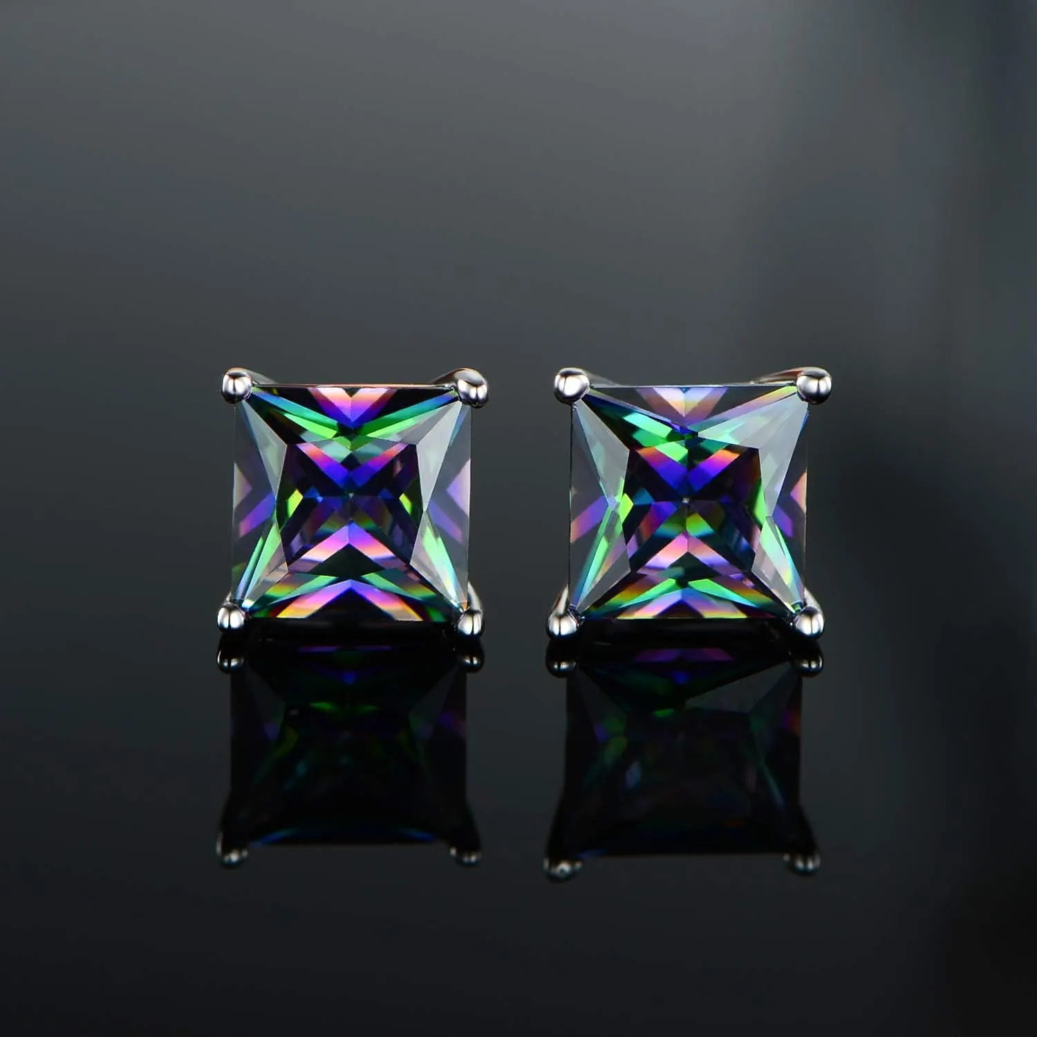 Created Rainbow Quartz Stud Earrings for Women Men 18K White Gold Plated Round/Square CZ Earrings Hypoallergenic Jewelry Gift