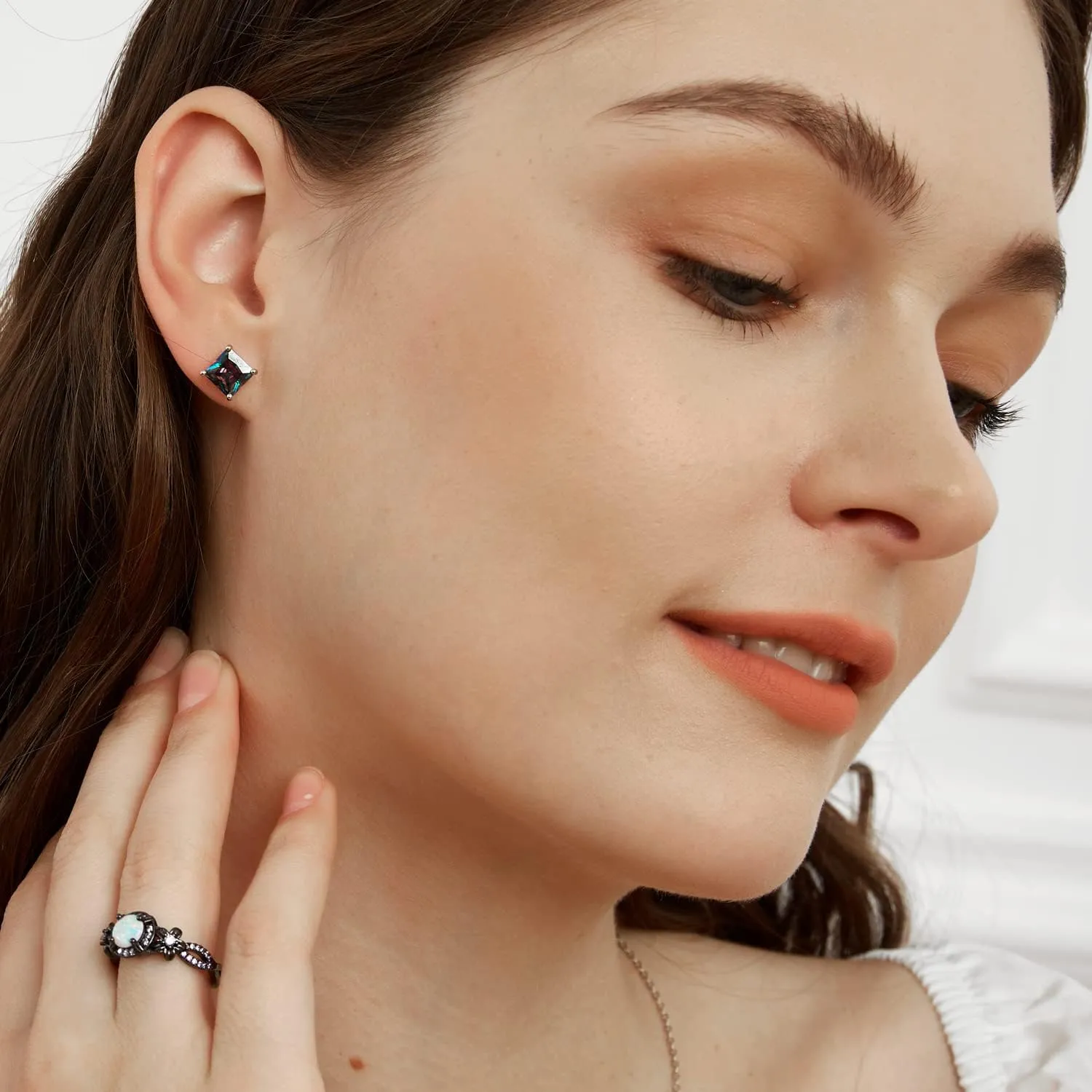 Created Rainbow Quartz Stud Earrings for Women Men 18K White Gold Plated Round/Square CZ Earrings Hypoallergenic Jewelry Gift