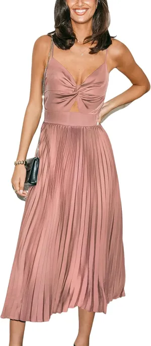 CUPSHE Midi Dress for Women 2025 Party Spaghetti Straps Sleeveless Pleated Cutout Formal Dress