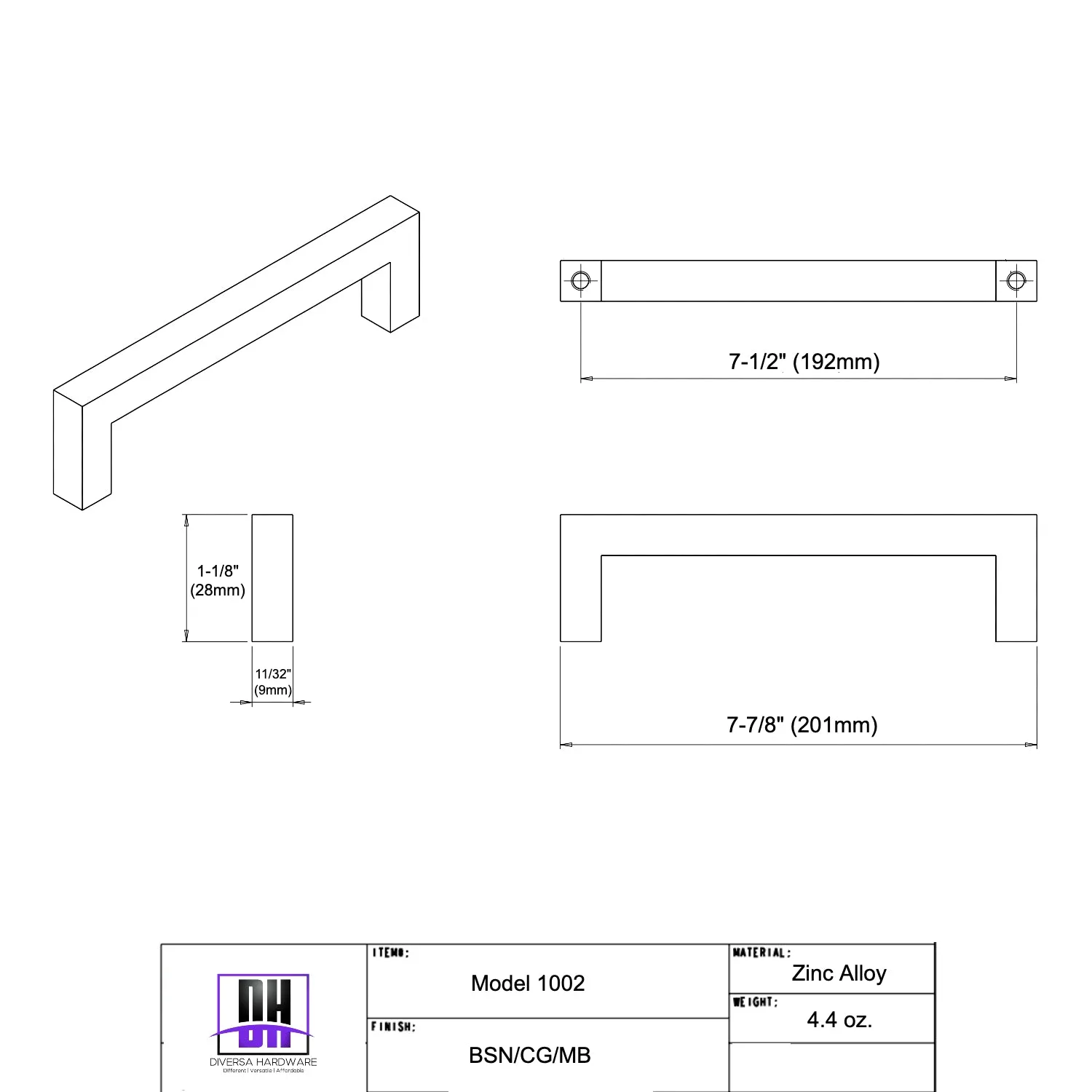 Diversa Matte Black 7-1/2" (192mm) Square Edge Solid Cabinet Bar Pull