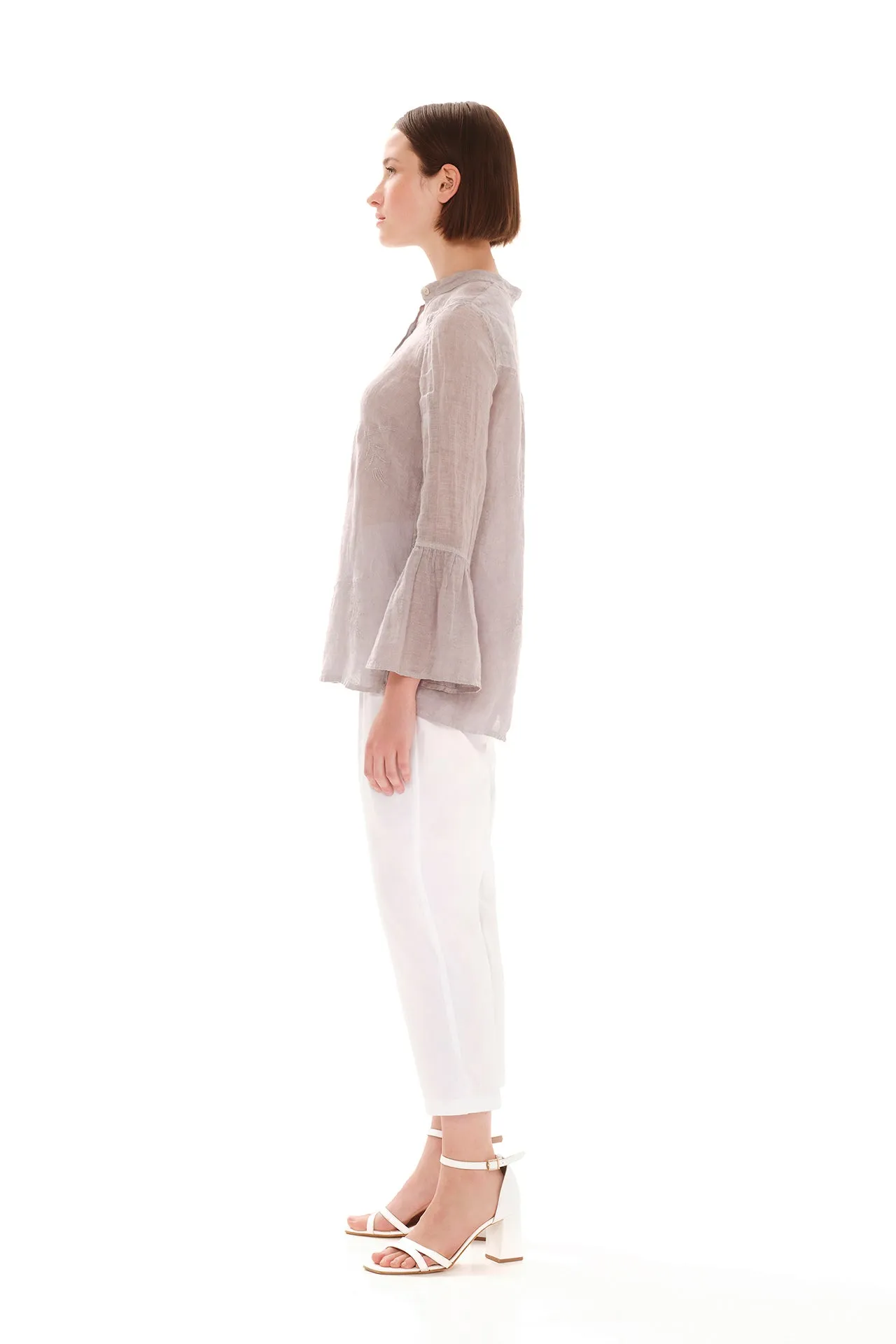 Embroidered Button-up Linen Shirt Grey