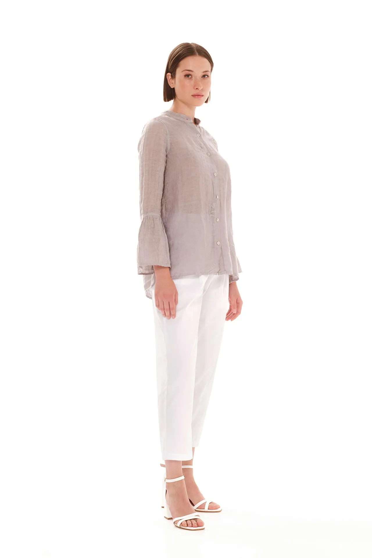 Embroidered Button-up Linen Shirt Grey