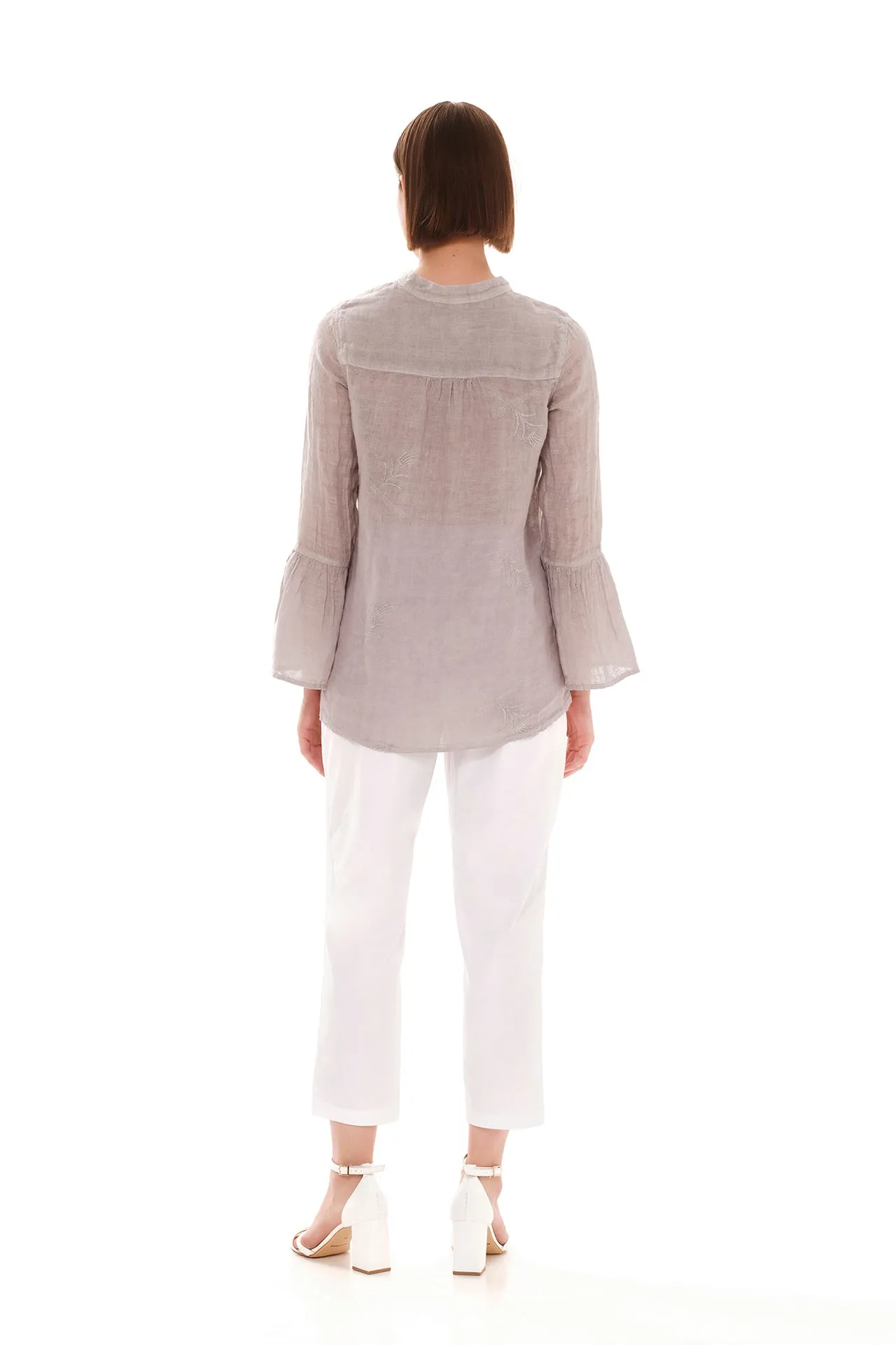Embroidered Button-up Linen Shirt Grey