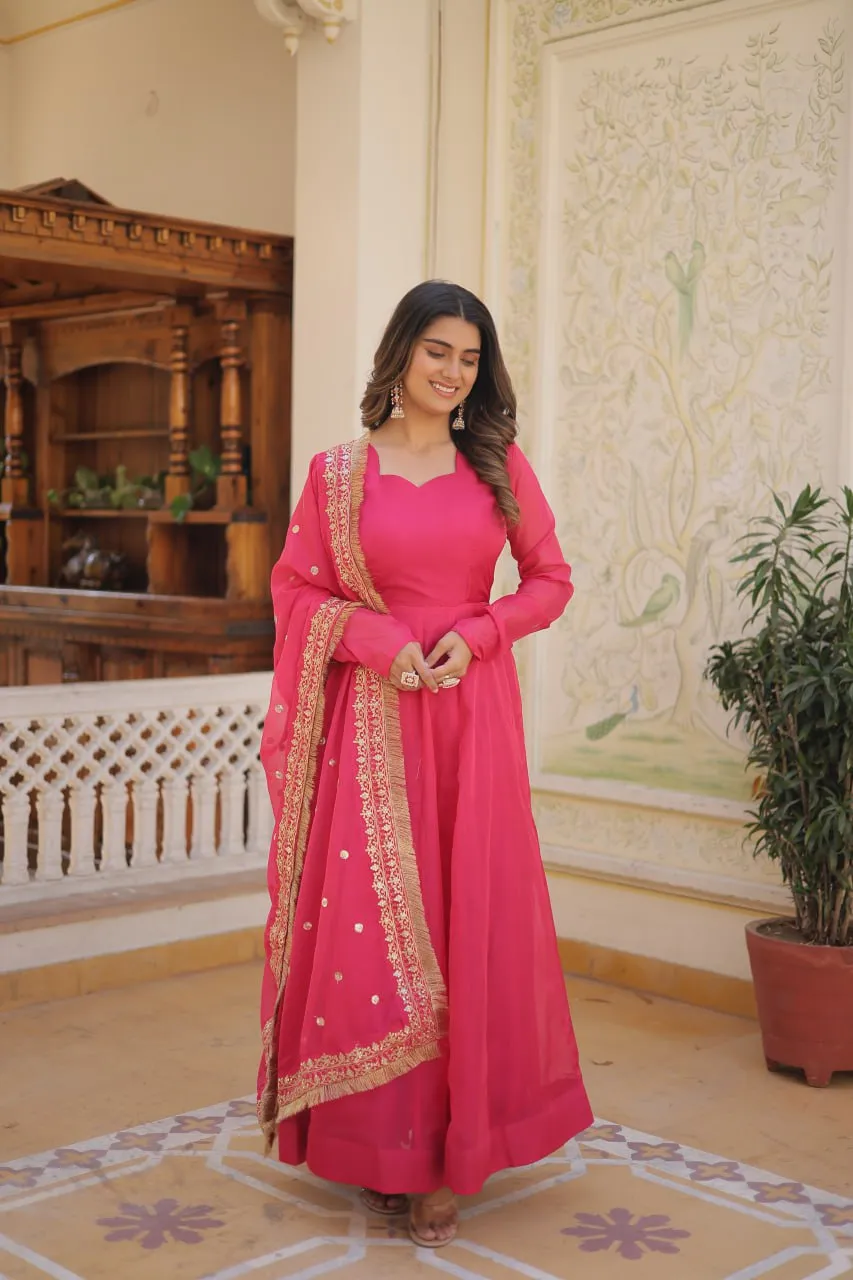 Enchanting Pink Russian Silk Gown-Dupatta Set with Exquisite Sequined Embroidery and Lace Border