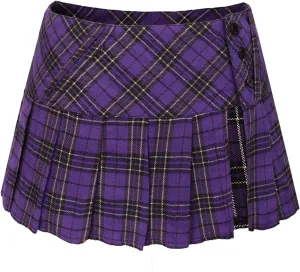 FURPHI Mini Plaid Pleated Skirt Women's US Size Low Waist Slit Schoolgirl Uniform