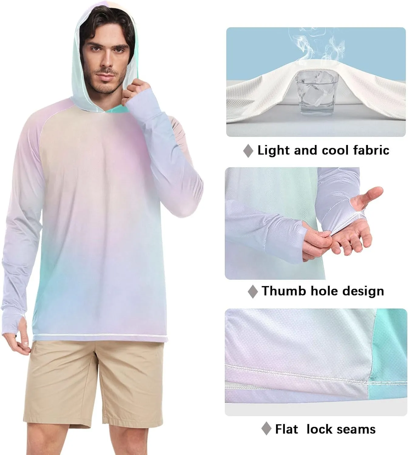 GAIGEO Cooling SPF Shirts for Men, Lightweight Hoodies Summer, Long Sleeve T-shirts, Modern Colorful Holographic S