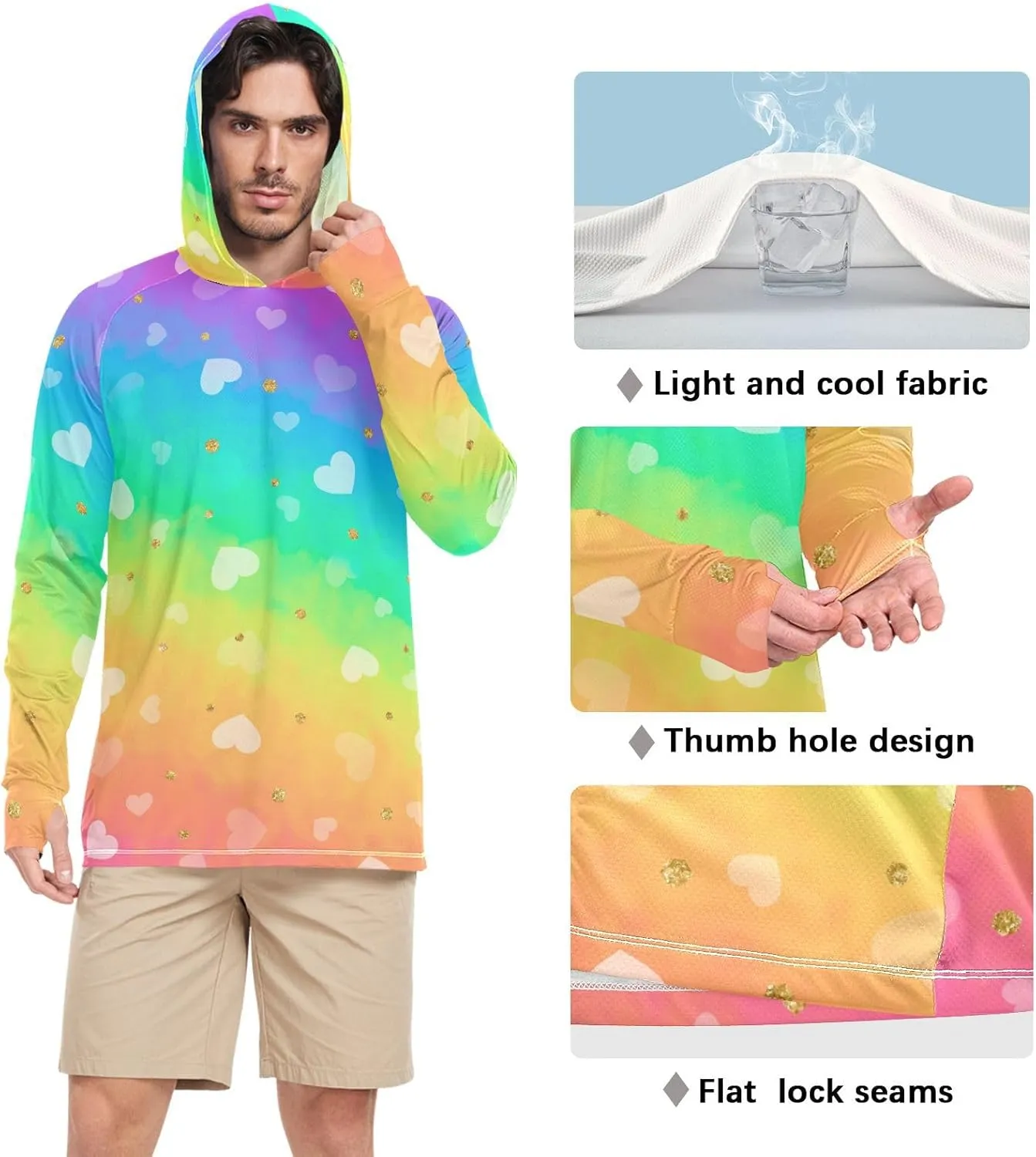 GAIGEO Cooling SPF Shirts for Men, Lightweight Hoodies Summer, Long Sleeve T-shirts, Modern Colorful Holographic S