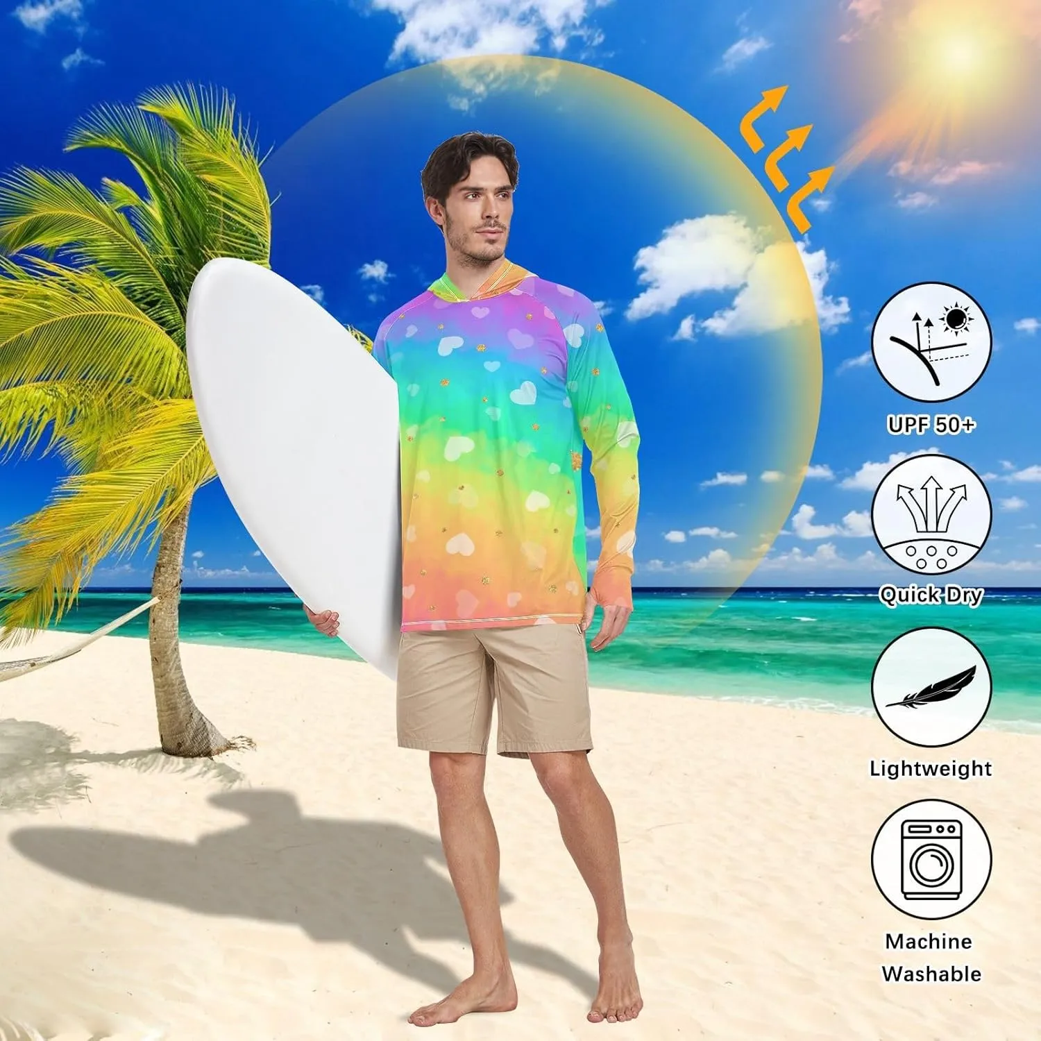 GAIGEO Cooling SPF Shirts for Men, Lightweight Hoodies Summer, Long Sleeve T-shirts, Modern Colorful Holographic S