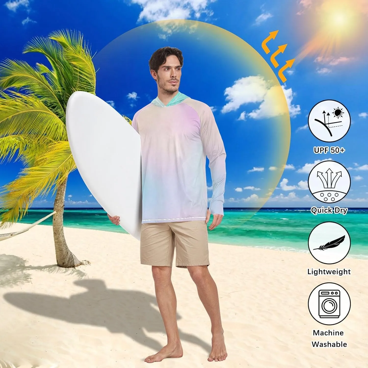 GAIGEO Cooling SPF Shirts for Men, Lightweight Hoodies Summer, Long Sleeve T-shirts, Modern Colorful Holographic S