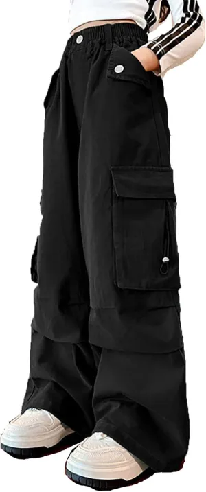 Girls Baggy Cargo Pants Lightweight Wide Leg Drawstring Elastic Waist Loose Fit School Hiking Trousers with Pockets