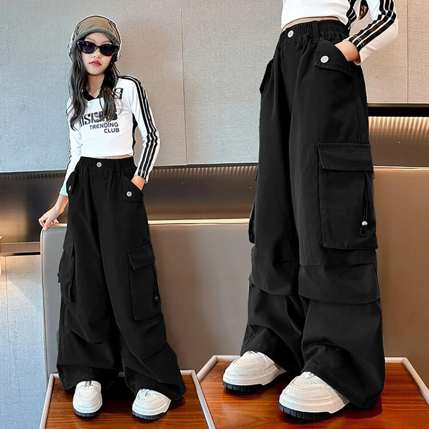 Girls Baggy Cargo Pants Lightweight Wide Leg Drawstring Elastic Waist Loose Fit School Hiking Trousers with Pockets