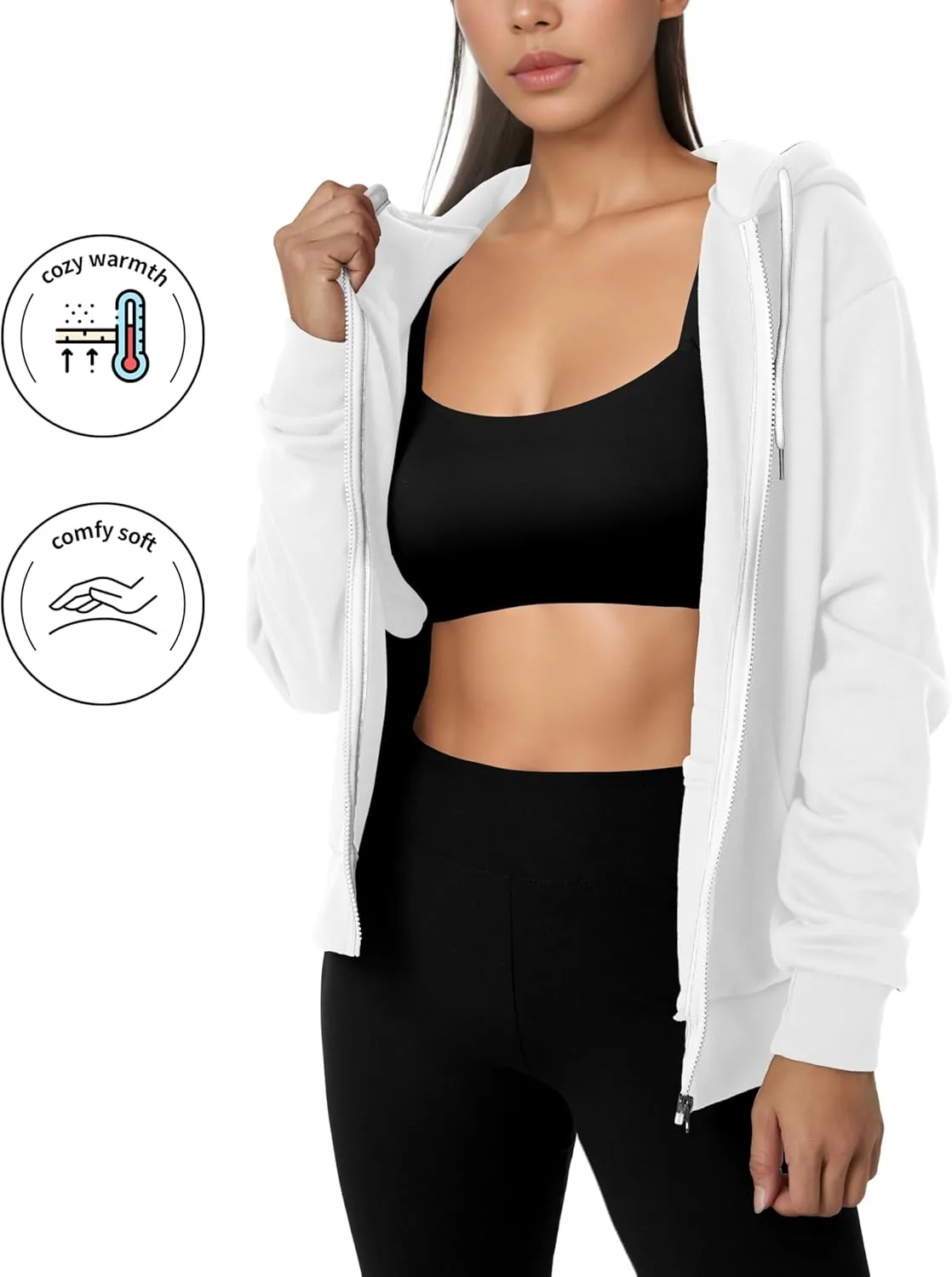 GIVON Women's Lightweight Fleece Zip Up Hoodie Regular Fit Solid Color with White Drawstring & Zipper