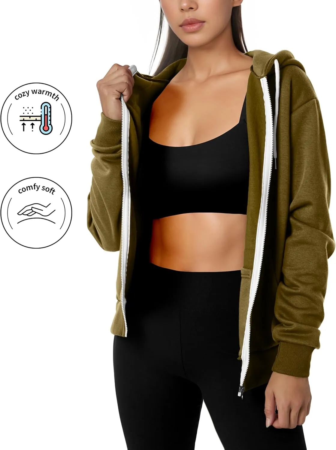 GIVON Women's Lightweight Fleece Zip Up Hoodie Regular Fit Solid Color with White Drawstring & Zipper