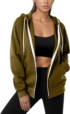 GIVON Women's Lightweight Fleece Zip Up Hoodie Regular Fit Solid Color with White Drawstring & Zipper