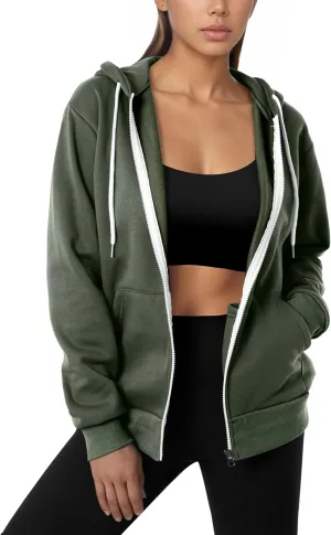 GIVON Women's Lightweight Fleece Zip Up Hoodie Regular Fit Solid Color with White Drawstring & Zipper