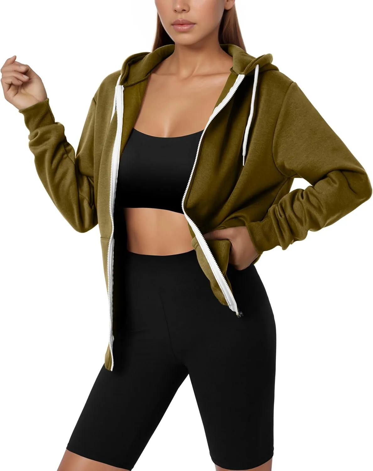 GIVON Women's Lightweight Fleece Zip Up Hoodie Regular Fit Solid Color with White Drawstring & Zipper