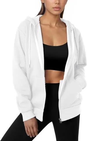 GIVON Women's Lightweight Fleece Zip Up Hoodie Regular Fit Solid Color with White Drawstring & Zipper
