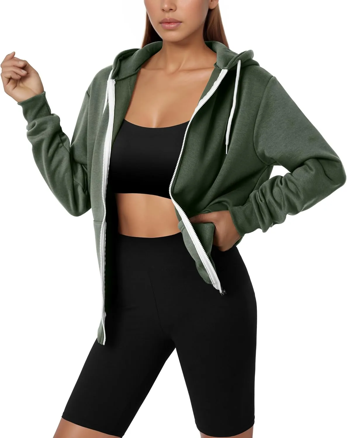GIVON Women's Lightweight Fleece Zip Up Hoodie Regular Fit Solid Color with White Drawstring & Zipper