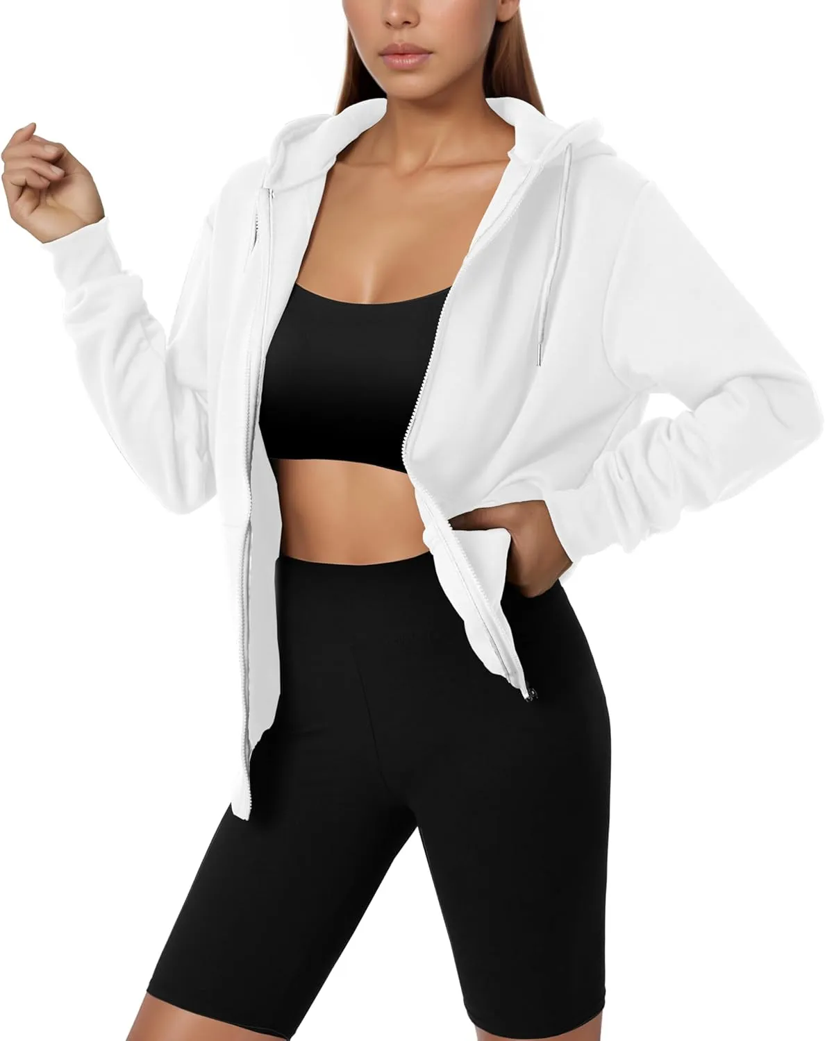 GIVON Women's Lightweight Fleece Zip Up Hoodie Regular Fit Solid Color with White Drawstring & Zipper
